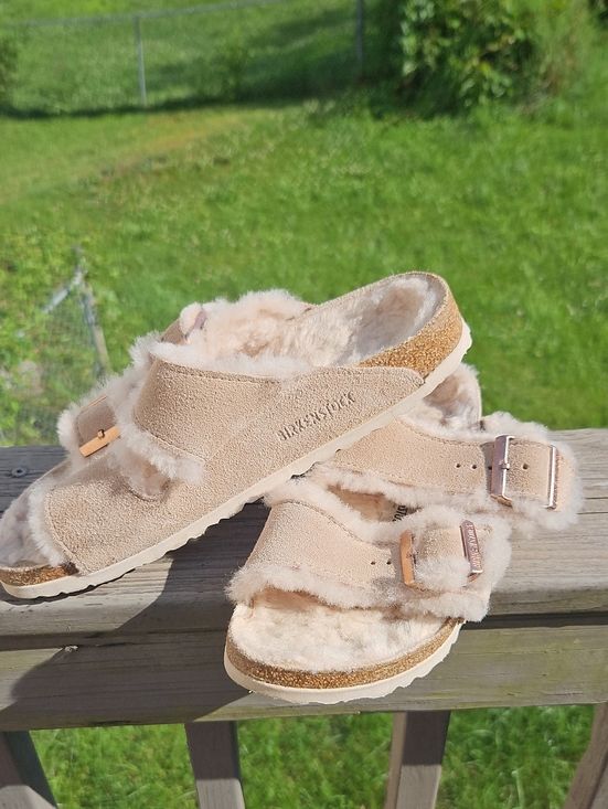 Birkenstock Shoes - Birkenstock Arizona Shearling Sandals – Size 39 | Suede & Rose Gold Buckles